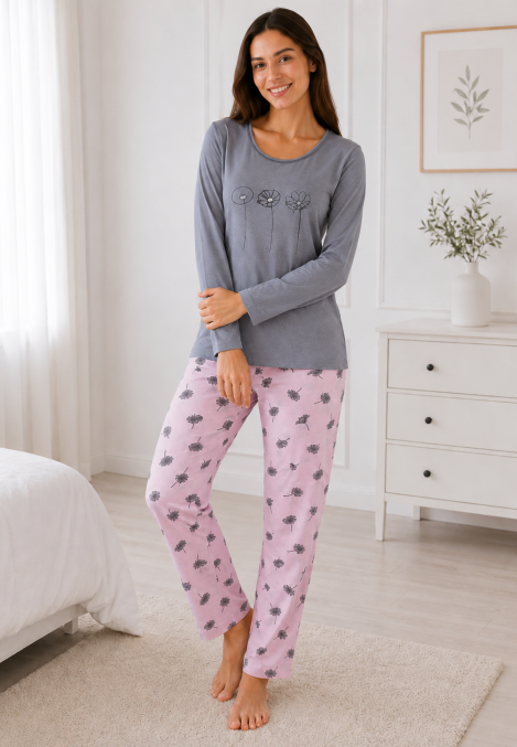 Pijama de damă cu bluză cu maneca lunga și pantaloni lung -Gri ,Engros
